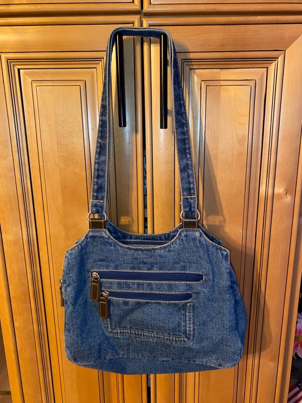 Denim Shoulder Bag with Front Zippers - Blue